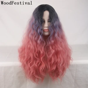 Длинные парики для женщин WoodFestival, синтетические волосы, парик с эффектом омбре, вьющийся, блонд, для косплея, розовый, светильник, синий, коричневый, женский