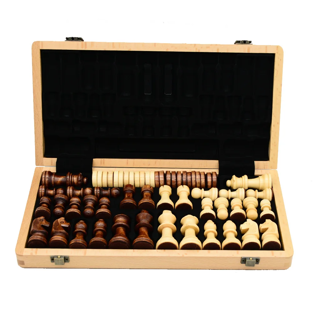 2-in-1 International Chess Checkers Wooden Dual Queen Professional Board Game Toy