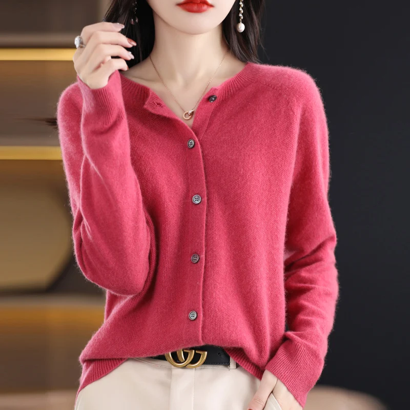 Addonee Women 100% Merino Wool Sweater Cashmere O-neck Cardigan Raglan Sleeve Classical Knitwear Solid Fashion Basic Clothing 6