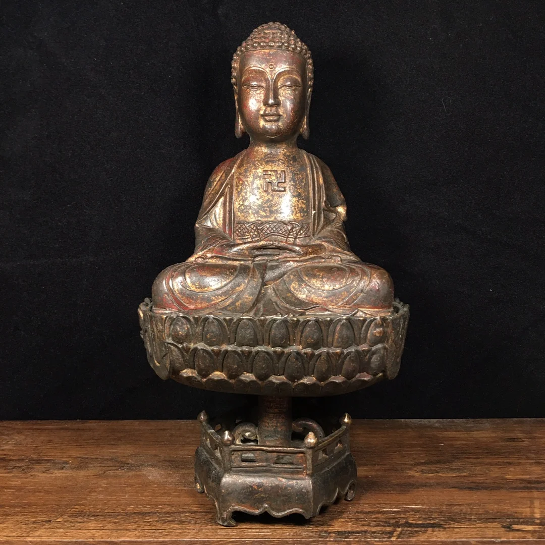 

10"Tibetan Temple Collection Old Bronze Cinnabar gilded Shakyamuni Buddha three floors lotus platform worship buddha Town house