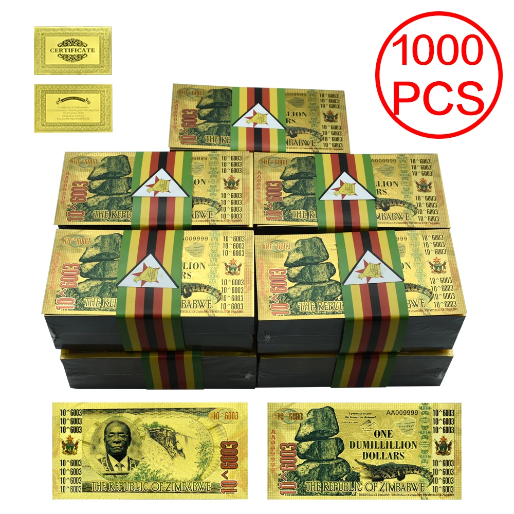 

1000pcs/lot Zimbabwe Gold Banknotes One Dumillillion Dollars Zimbabwe Commemorative Banknotes Ornaments Collectible