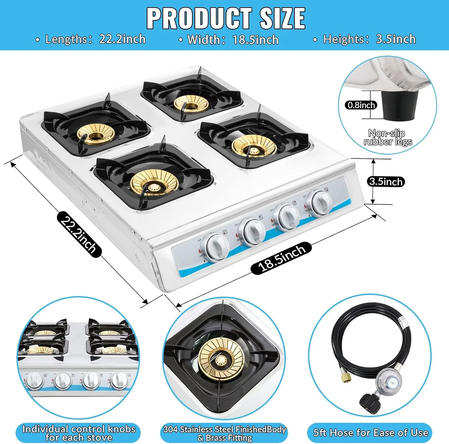 Stove,4 Burner Gas StovePortable Gas Stove Auto Ignition Camping Stainless Steel Stove 4 Burner LPG for RV, Apartment,Outdoor 5