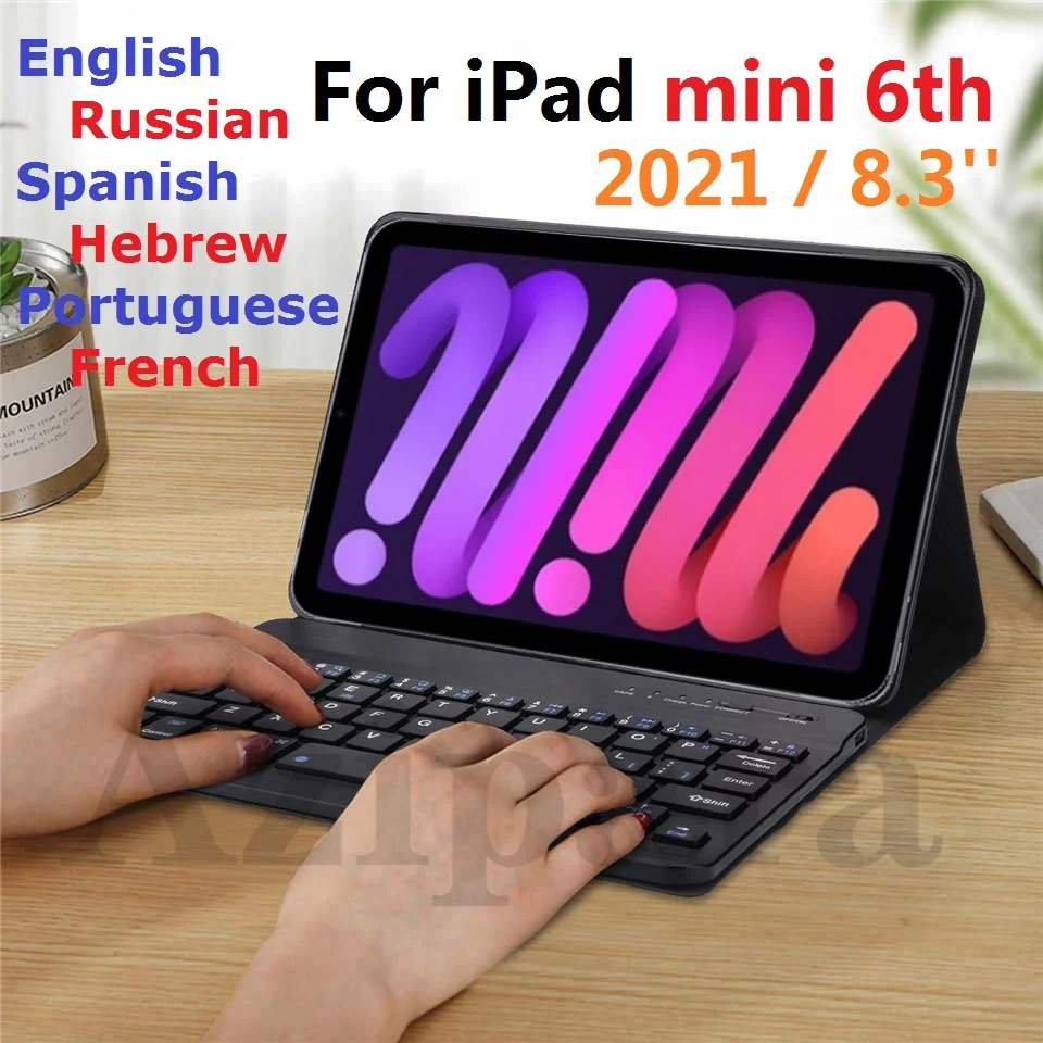 para Ipad Mini 6th 2023 8.3 Case de Teclado Russo Espanhol Português Francês Hebraico Teclado sem Fio para Ipad Mini 8.3 Case