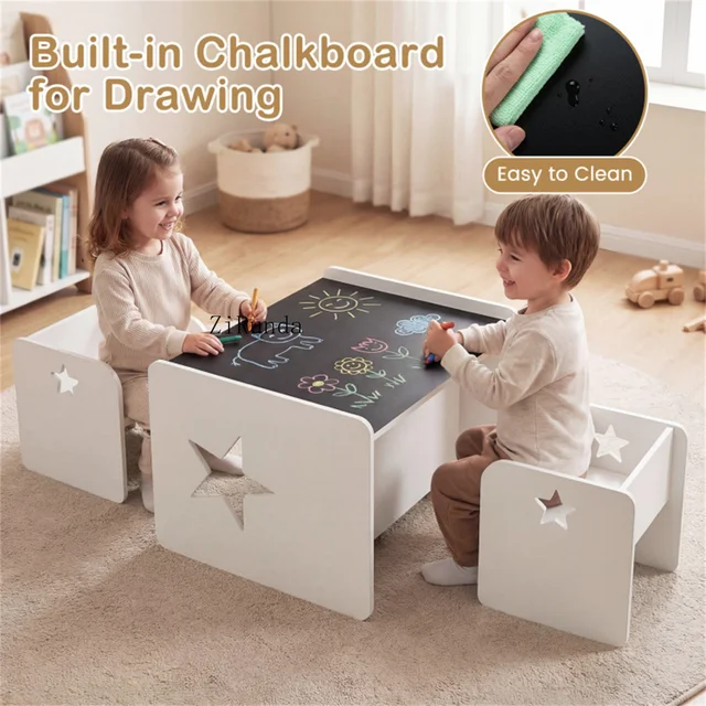 Kids Table and 2 Chairs Set with Chalkboard, Multi-Purpose Toddler Activity Table for Drawing, Eating & Studying