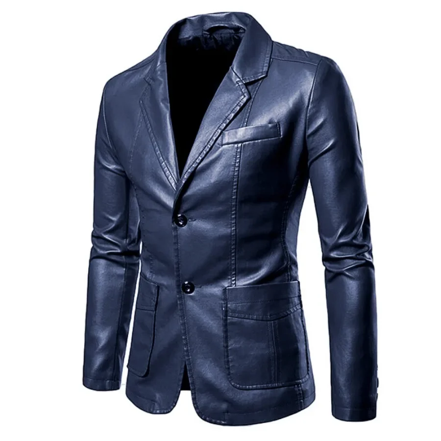 New 2024 Men's Leather Dress Suit Jacket Solid Formal Business Office Blazers Jacket Male PU Leather Blazers Jacket Men Clothing