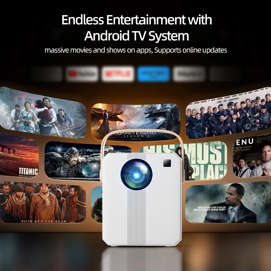 CY305 4K Home Projector Supports WiFi Connects to Mobile Phones and Computers,Built-in Android System suitable for home/outdoor
