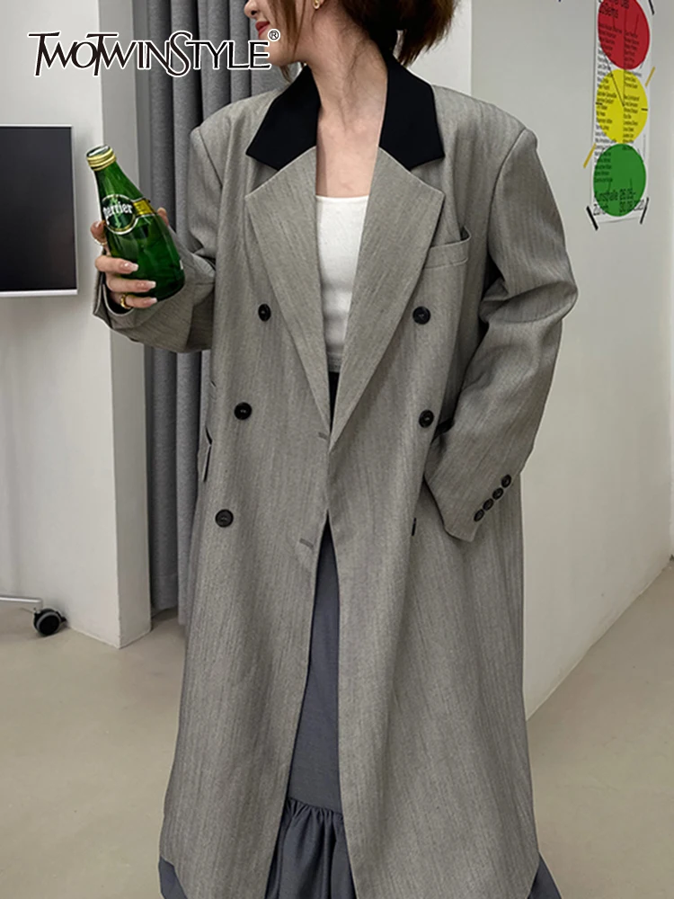

TWOTWINSTYLE Hit Color Casual Long Blazers For Women Notched Collar Long Sleeve Patchwork Button Loose Blazer Female Fashion New