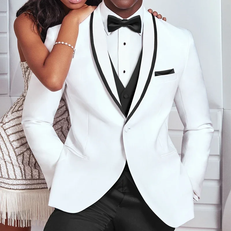 White and Black Wedding Tuxedo for Groom 3 Piece Slim Fit Mens Suit Male Fashion Costume Jacket Pants Vest