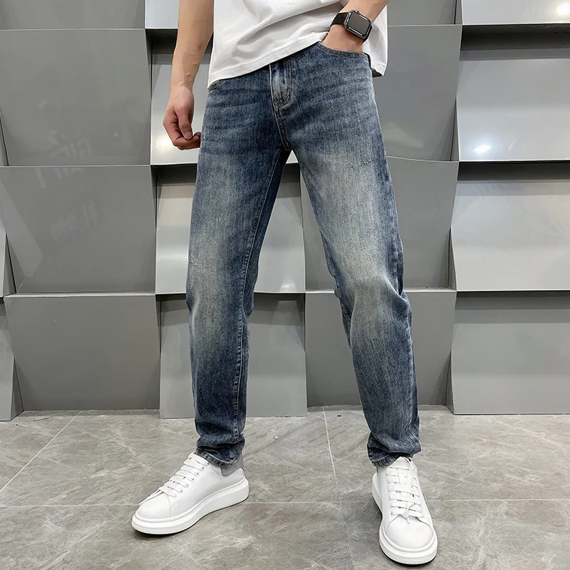 Printing high-end light luxury jeans men slim straight trousers spring and summer models casual versatile fashion men's denim