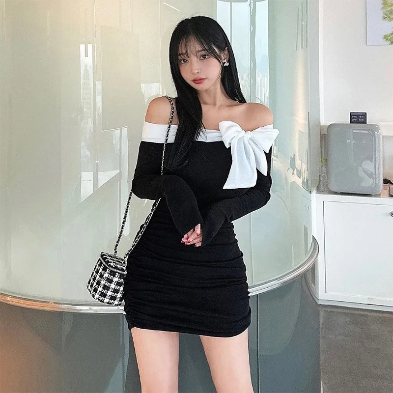 

M23ds616 off-Neck Sexy Hot Girl Slim Fit High-Elastic Hip-Wrapped Short Dress Women's Dress Spring and Autumn New Sawdk