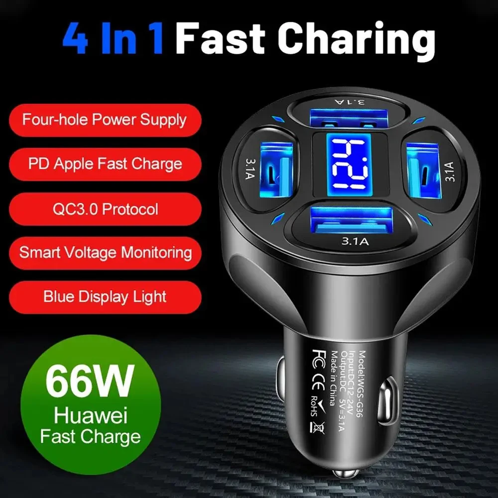 

12V 66W 1 To 4 Usb Car Charger Cigarette Lighter Socket Led Digital Display Suitable for Samsung Huawei Xiaomi Iphone