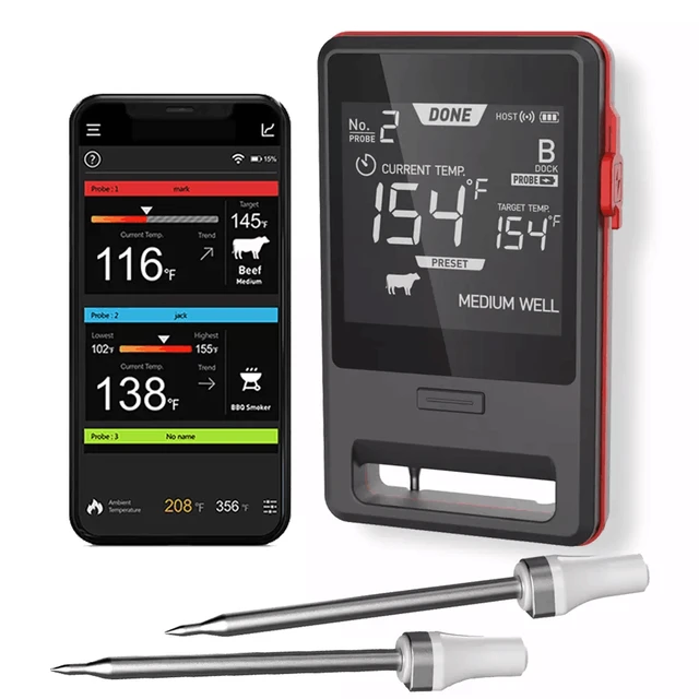 Bluetooth Meat Thermometer with 4 Probes Wireless Grill BBQ IP65