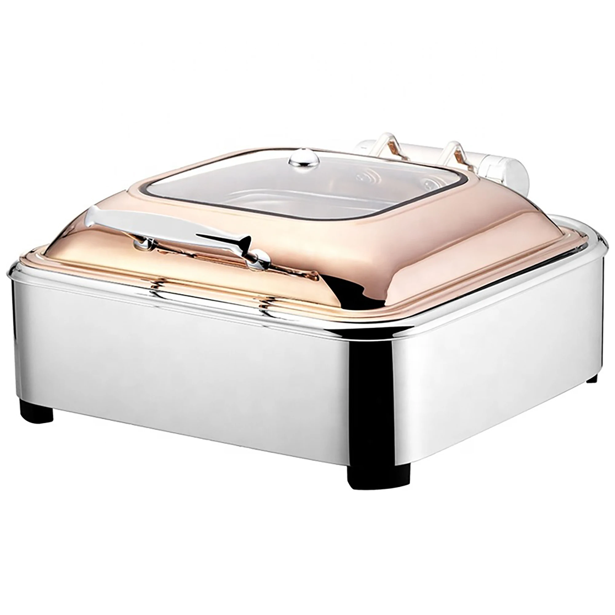 

Gold Plated Brass Royal Chafing Dish Food Warmer Set with Glass Top Quality Hotel Buffet Stove Equipment saudi arabia
