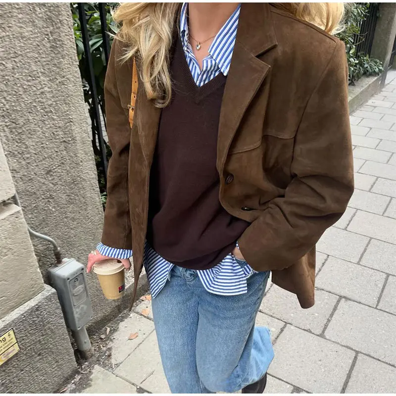 Vintage Brown Blazer Women Suede Leather Jacket Autumn Fashion Single Breasted Lapel Loose Coats Street Office Lady Outerwears 4