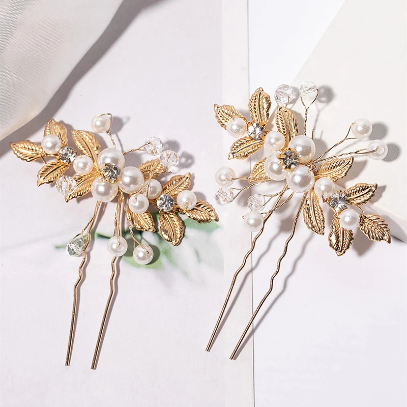 

Ancient Flower Leaf Hair Clip Pearl Crystal U-Shaped Hairpin Ancient Style Hanfu Accessories Wedding Performance Bridal Headwear