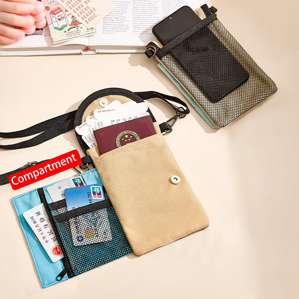 Mini Oxford Cloth Shoulder Bag Passport ID Holder Multifunctional Square Travel Bag Casual Mobile Phone Pockets Mesh Hanging Bag