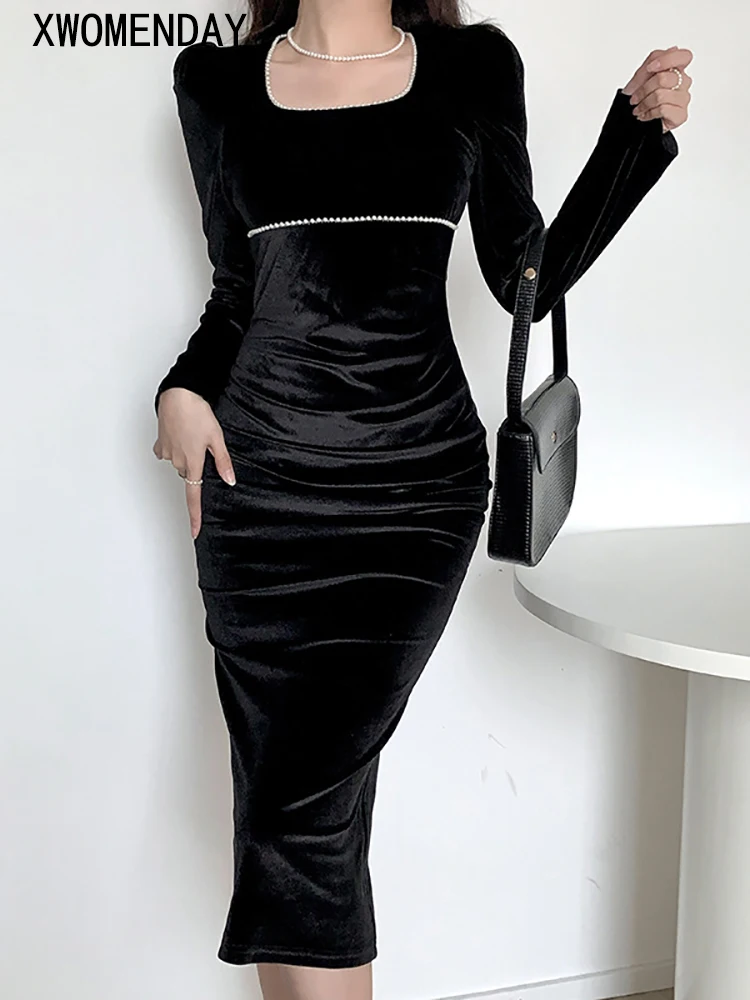 Elegant Velvet Midi Dress Women Black French Square Collar Pearl Slit Dresses Autumn Casual Slim Puff Sleeve Dress 2022 New