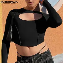 

INCERUN Tops 2022 Fashion New Men Camiseta Crop Short Tees Stretch Skinny American Style Male Cutout Long-sleeved T-shirts S-5XL