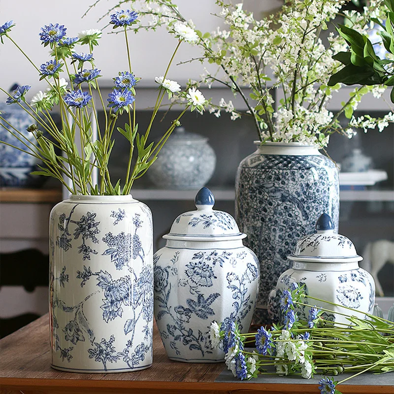 

New Chinese classical blue and white ceramic vase, general jar, storage jar, dried flowers, vase, living room decoration exquisi