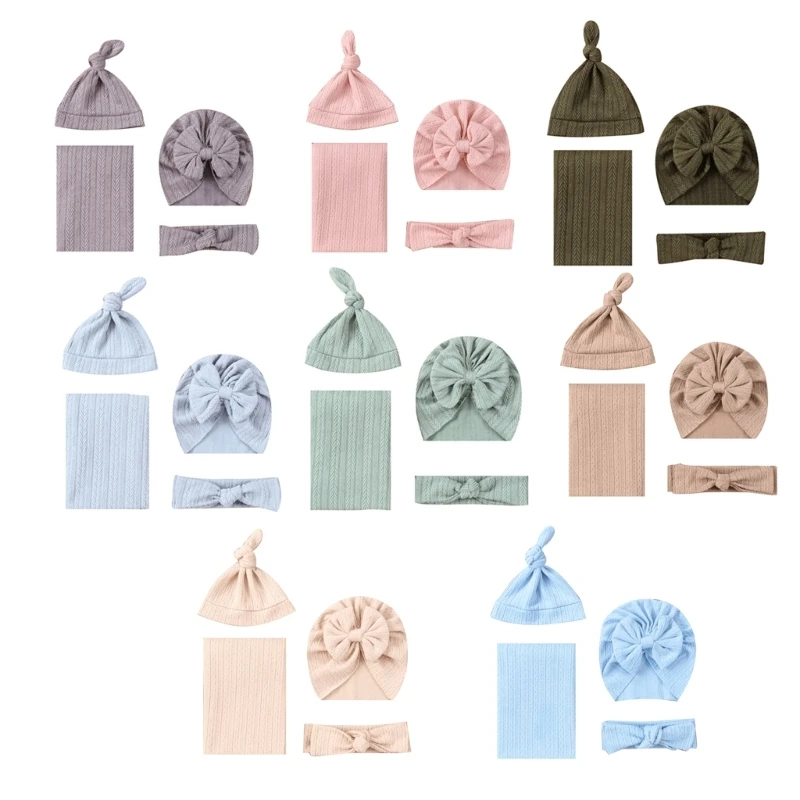 

Baby Swaddle Set Newborn Receiving Headband Blanket with Bow Hat Soft Nursery