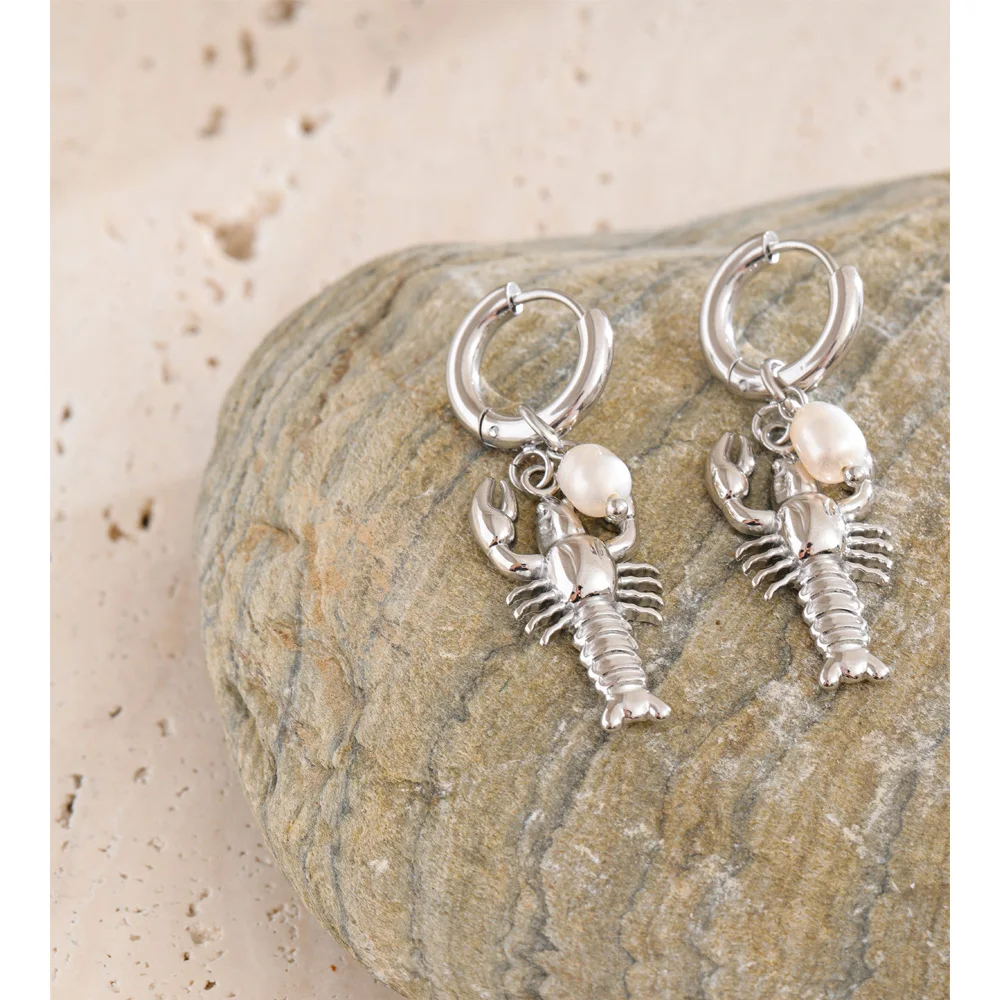 Yhpup Ocean Stainless Steel Crayfish Hoop Earrings Daily Wear