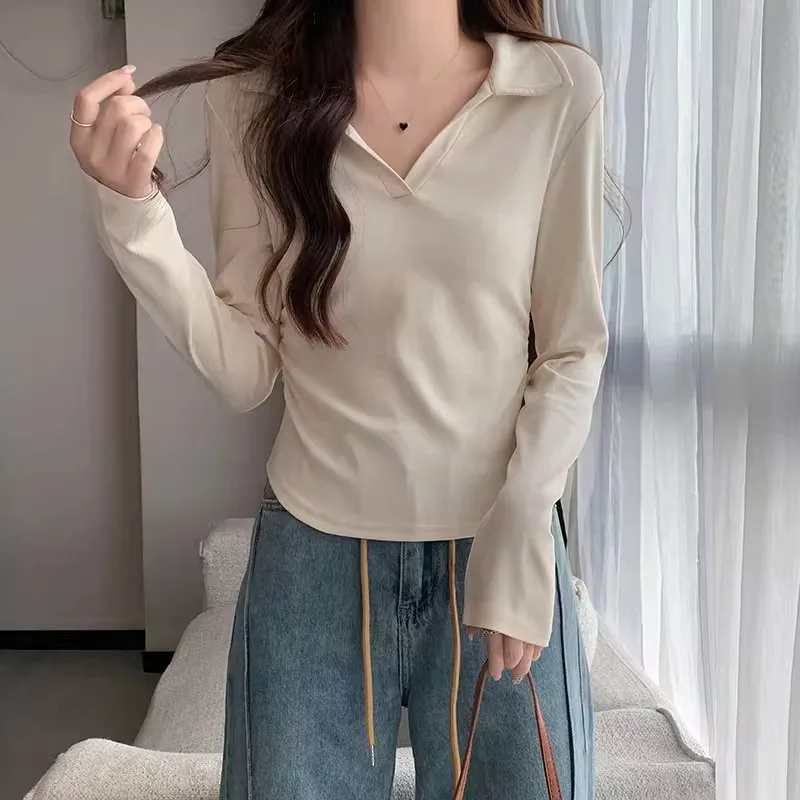 

Long-sleeved t-shirt women early autumn new-style slim pleated waist with foreign style to reduce the age of undershirt white