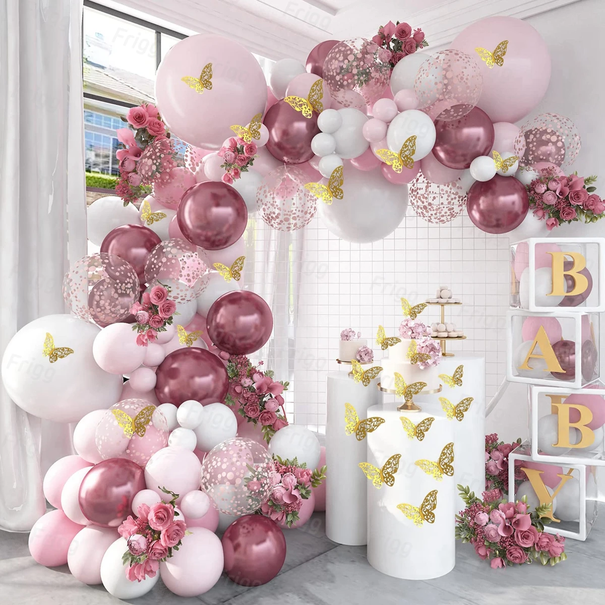 Arco di palloncini decorazione compleanno ragazza. Decorazione Baby Shower Ragazza. 152 palloncini viola e rosa, oro e cigno. Decorazione festa compleanno con ghirlanda di palloncini rosa e viola e