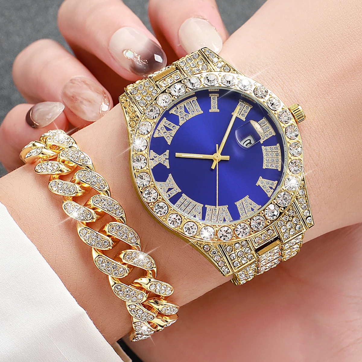2PCS Luxury Rhinestone Men Watches Fashion Stainless Steel Band Male's Analog Quartz Watch Bracelet Set Relogios Masculino 5