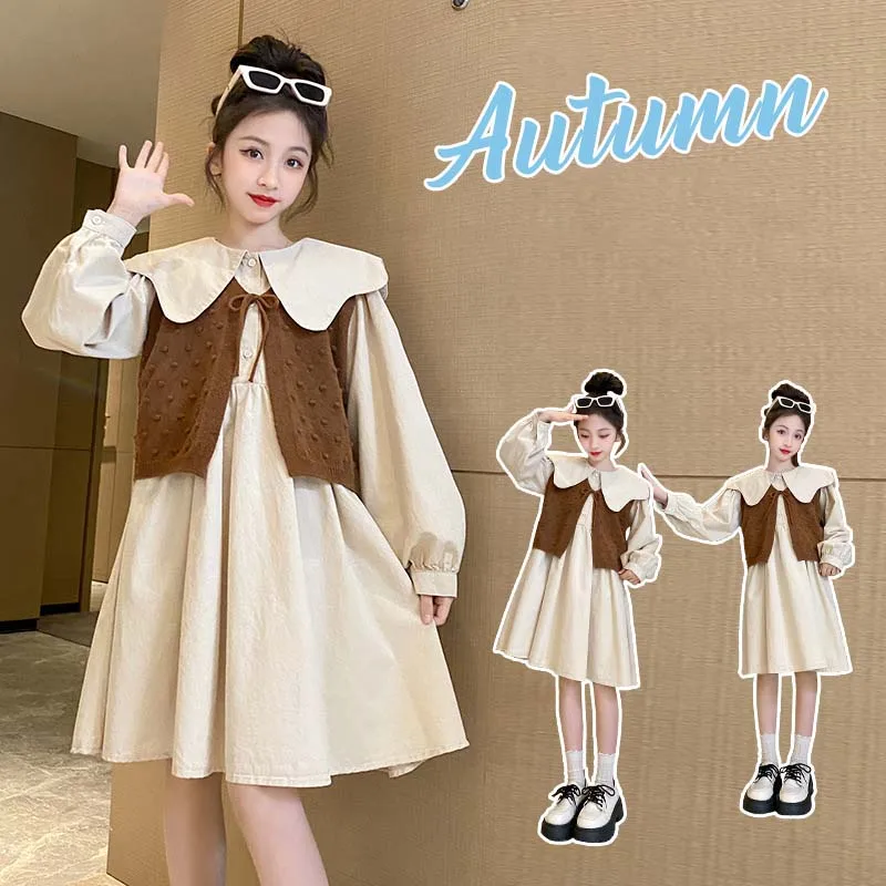 

Korean Spring Autumn Teenager Girl Sweet Suit Children Girl Lapel Long Sleeve Dress+Lacing Knitted Vest Junior Girl 2-Piece Sets