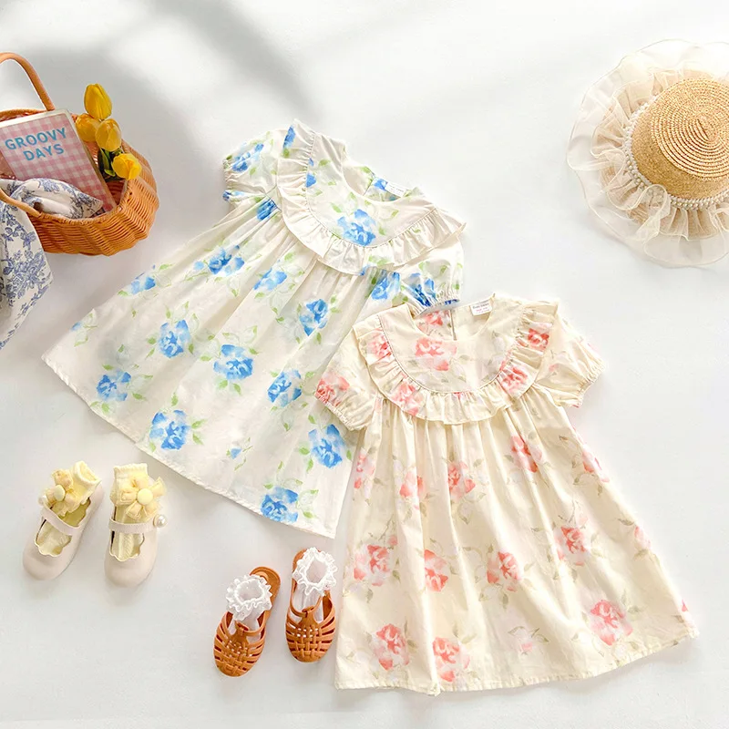

French Style Fresh Flower Ruffled Girl Dress 2024Spring Short-Sleeved Children's Skirt Sweet Doll Skirt-MR