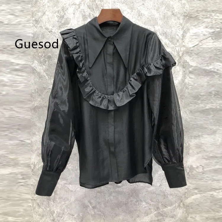 

Women Blouse 2022 Spring Solid Color Turn-Down Collar Fungus Blouse Female New