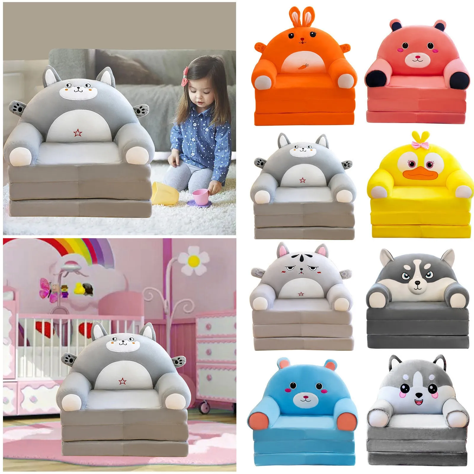 Foldable Kid Sofa Backrest Armchair Cover Plush Cute Cartoon Children Lazy Sofa Flip Open Sofa Cover For Living Room Bedroom