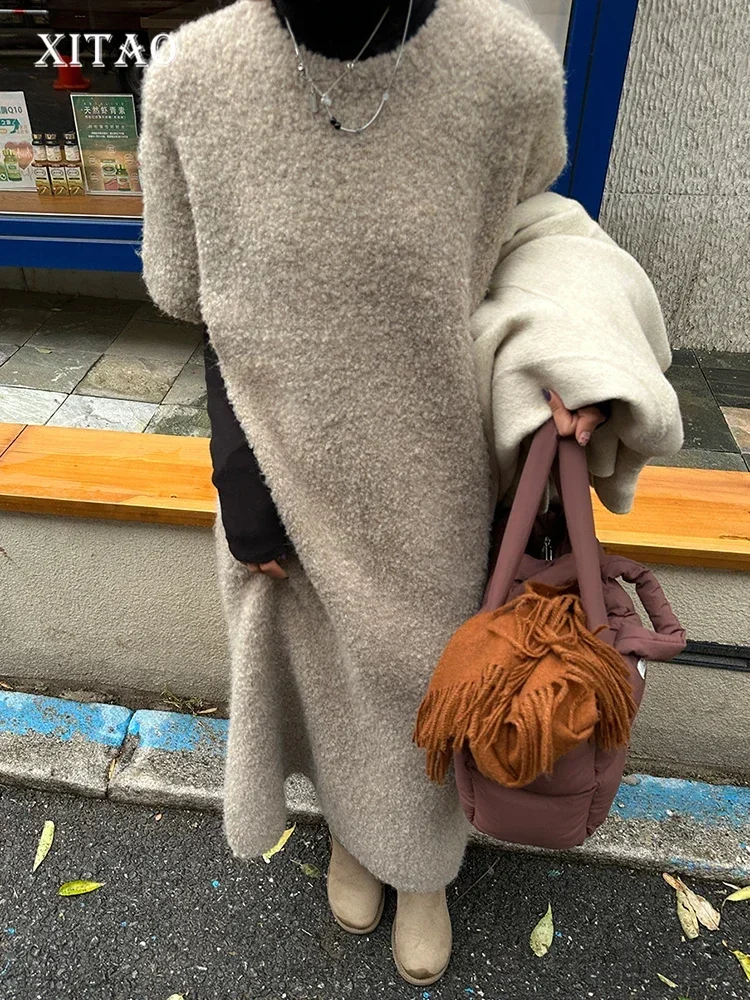 

XITAO Short Sleeve Knitting O-neck Dresses Pullover Loose Solid Color Long Sweaters Dress Autumn New Casual All Match HQQ1820