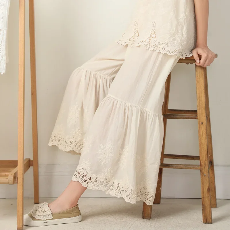 

100% Cotton Girl Sweet Floral Embroidery Lace Boot Cut Pants Female Vintage Rococo Victorian Summer Loose Big Size Cute Pants