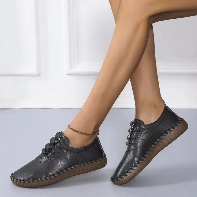 New Thick Soles Large Size Explosion Hand-stitched Beef Tendon Soft Sole Mother  Women Casual All Match Single  Sneakers Women