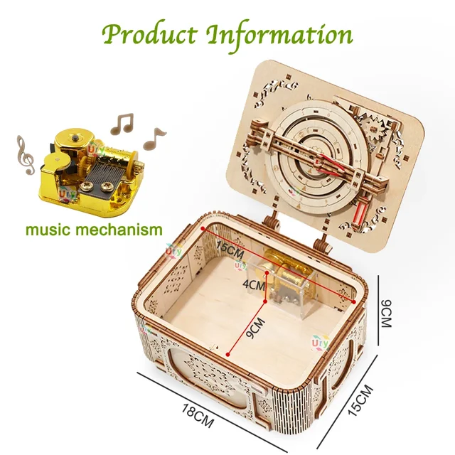 URY 3D Wooden Puzzle Music Antique Password Treasure Box Lockbox DIY Advanced Assembly Model Toys Creative Gift for Lady Girls 2