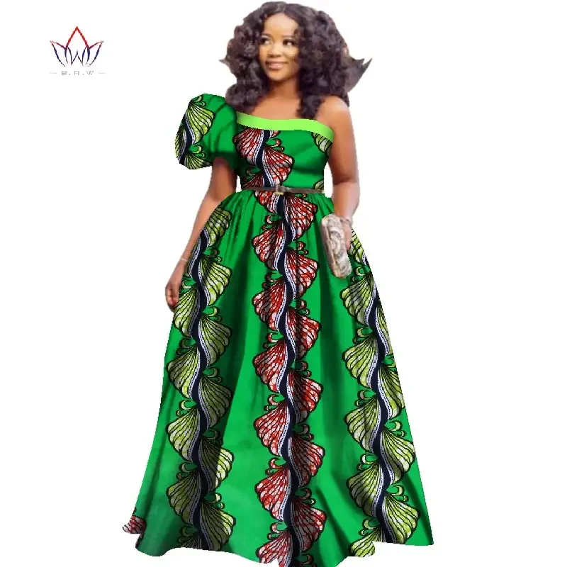 Bintarealwax Fashion African Dresses for Women One Shoulder High Waist Big Hem Party Dresses African Long Maxi Dresses WY2425