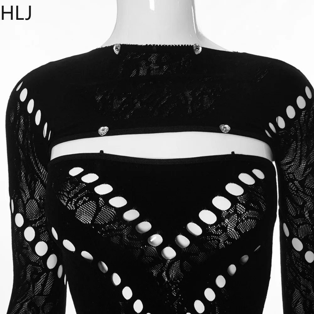HLJ Spring New Hollow Out Off Shoulder Bodycon Jumpsuits Women Long Sleeve Diamond Solid Color Slim Playsuits Female Overalls