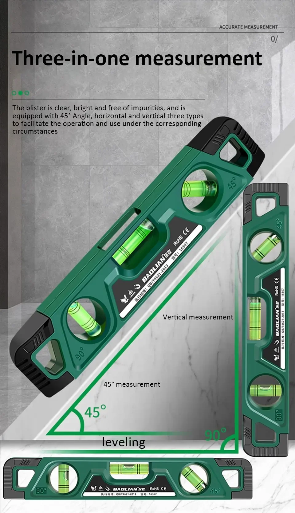 Three Bubble Ruler High Precision Level Magnetic