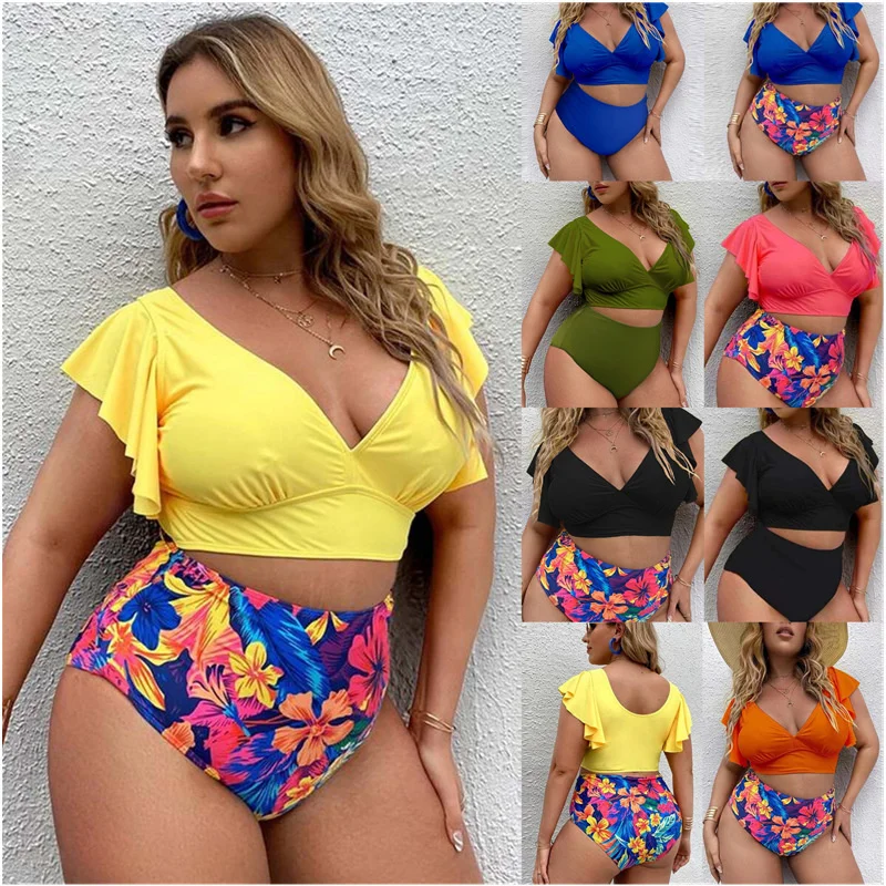 2023 New Large Split Swimsuit With Deep V Flash Cuffs And High Waist Digital Print Swimsuit Swimwear Plus Size 4XL