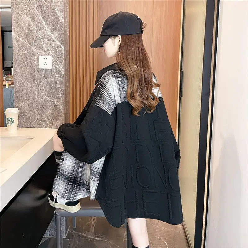 Fashion Lapel Letter Spliced Plaid Casual Shirts Women's Clothing 2023 Autumn Winter Oversized Korean Tops Commuter Blouses
