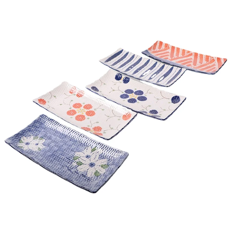 Japanese Ceramic Plate Tableware High Temperature Underglaze Color Hand-painted Long Plate New China Creative Sushi