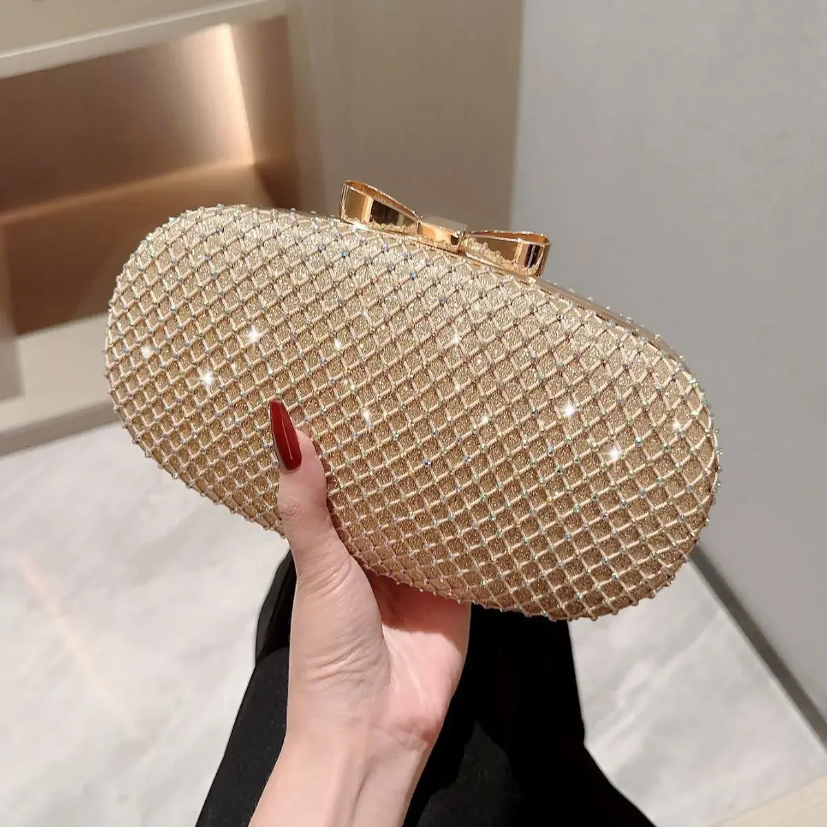 Pochette Soirée Femme En Acrylique Miroir - Forme Lune - Poignée Supérieure + Bandoulière Amovible - Pour Mariage, Fête, Banquet