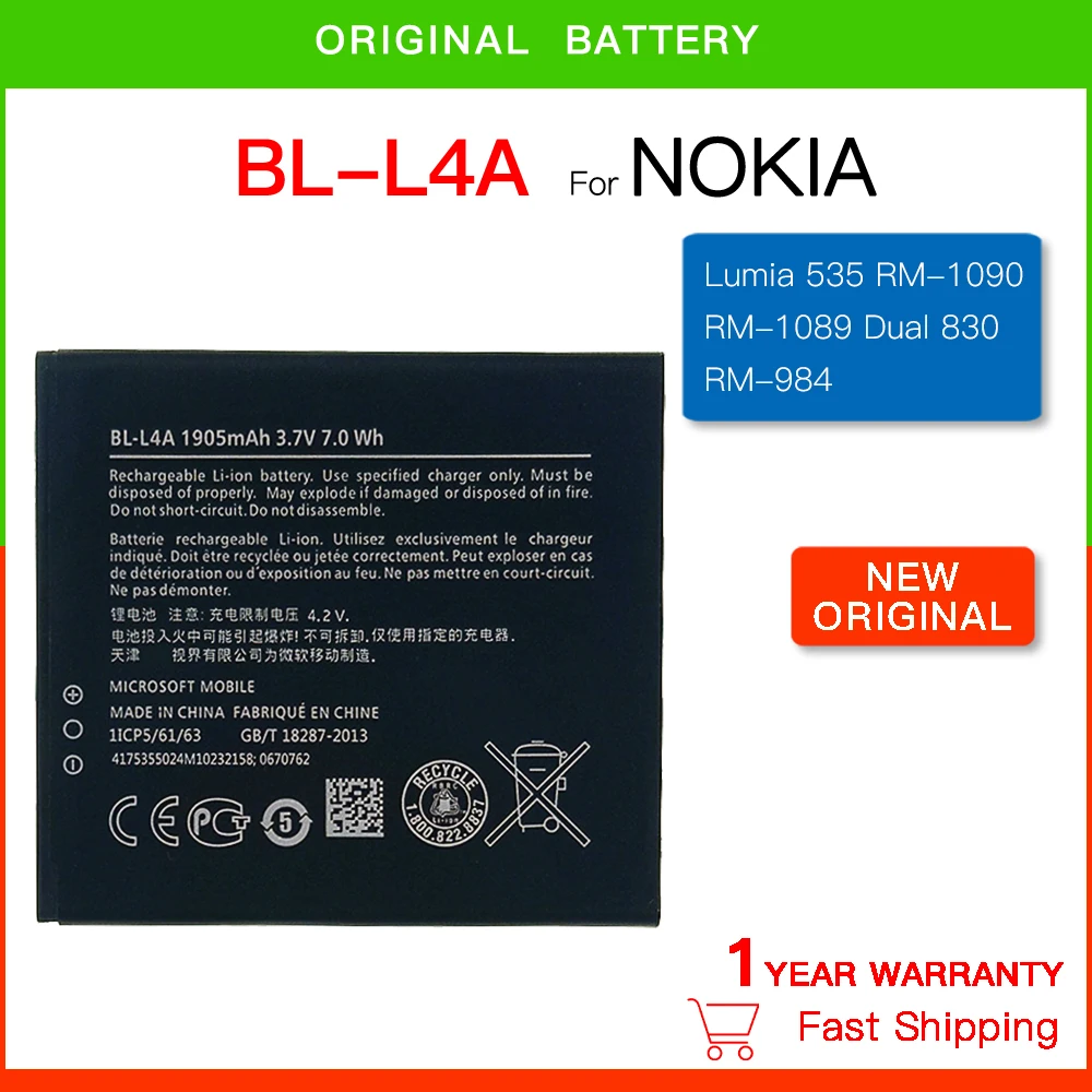 100% Reale Nuovo Originale 1905 Bl-L4A Batteria Per Nokia Lumia 535 Rm-1090 Rm-1089 Dual 830 Rm-984 Bl L4A Phone + Track Code