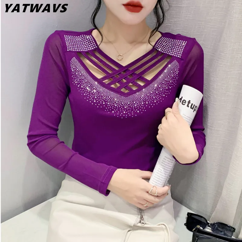 NewFashion2023AutumnWomensTShirtChicCrossHollowOutHot