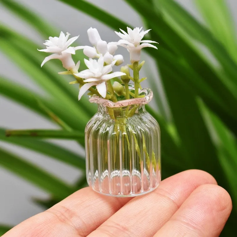 Dollhouse Miniature Jasmine Flower Glass Vase Model Toys Doll House Accessories Decor Toy Green Plant Ornaments Crafts Decor 6
