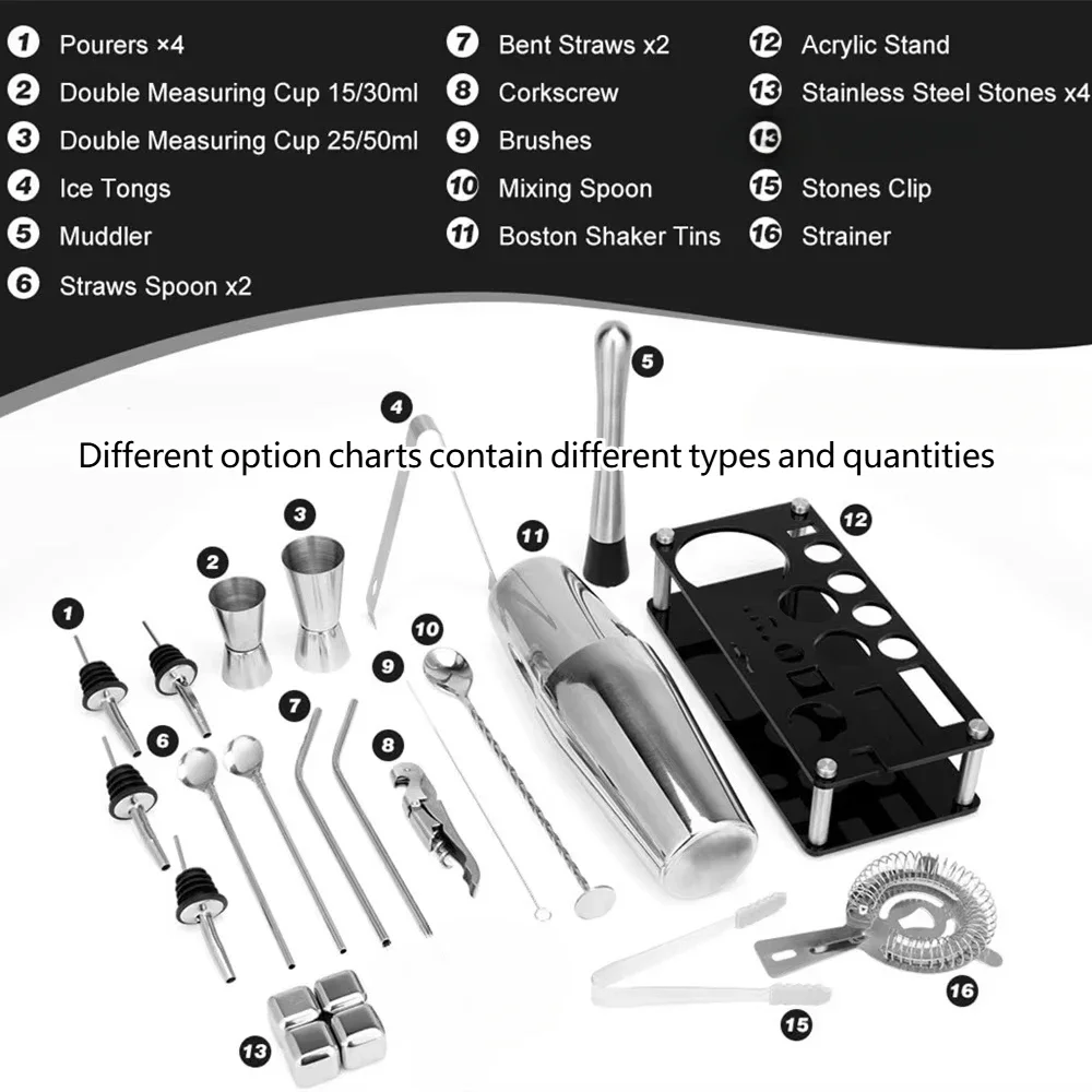 17PCS Boston Cocktail Shaker Set Bartender Tool Set Home Beverage Bar Martini Manhattan Mixer Cocktail Shaker Stainless Steel