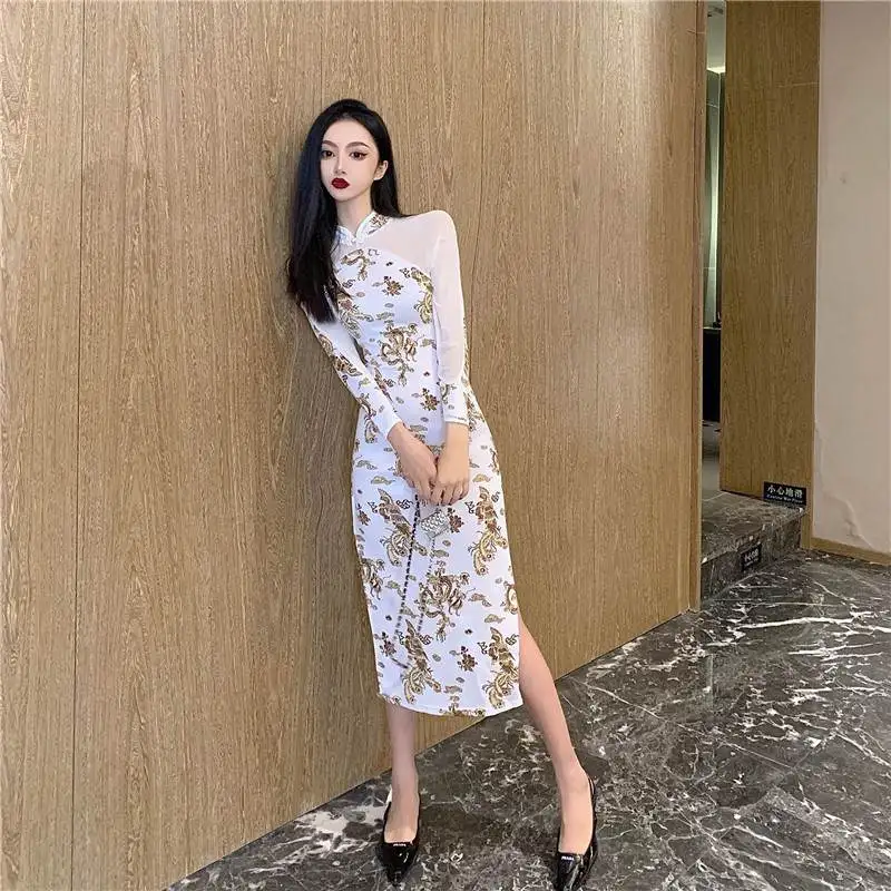 

Hong Kong Women Retro Cheongsam Fashion Elegant Printing Qipao Traditional Oriental Clothing Party Evening Lace Vintage Dress