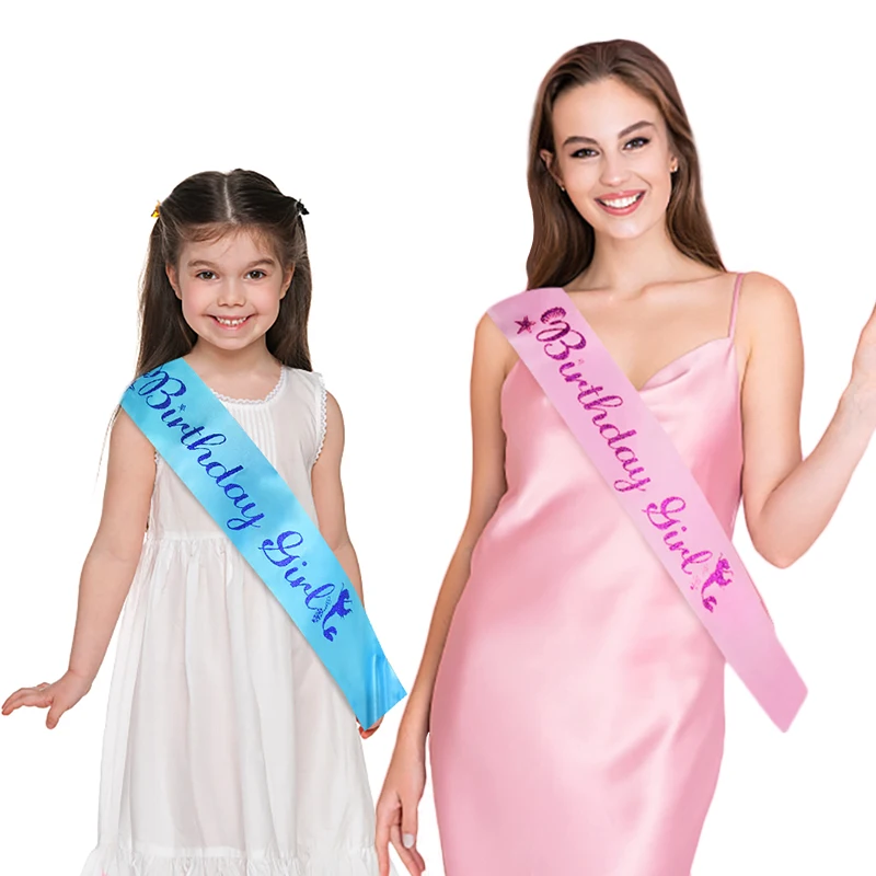 

1P Birthday Girl Pink Blue Birthday Satin Sash Ribbon For Princess Girls Women Happy Birthday Party Decorations Gifts Supplies
