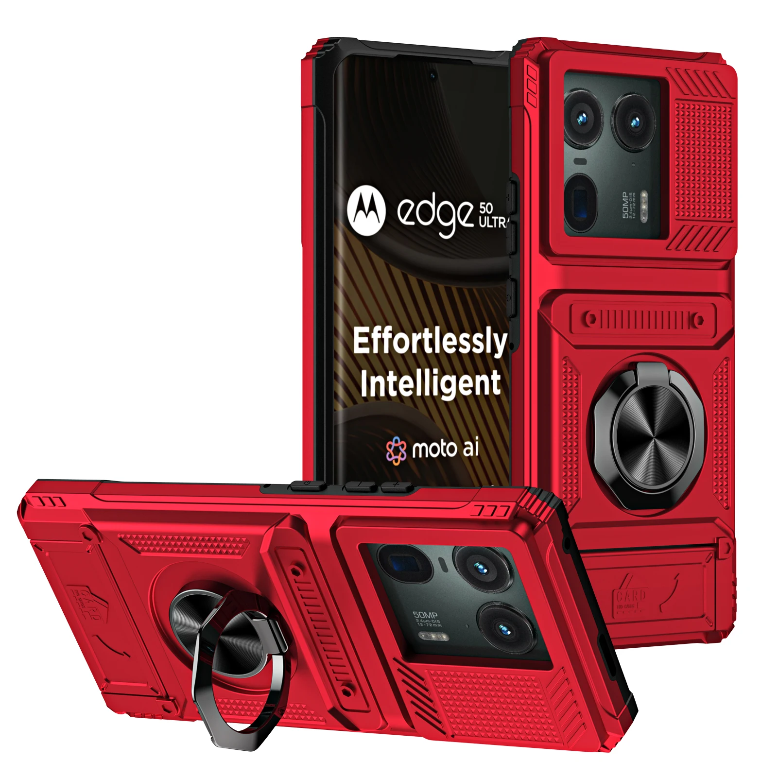 Shockproof Heavy Armor Phone Case with Metal Ring Holder and Hidden Card Slot